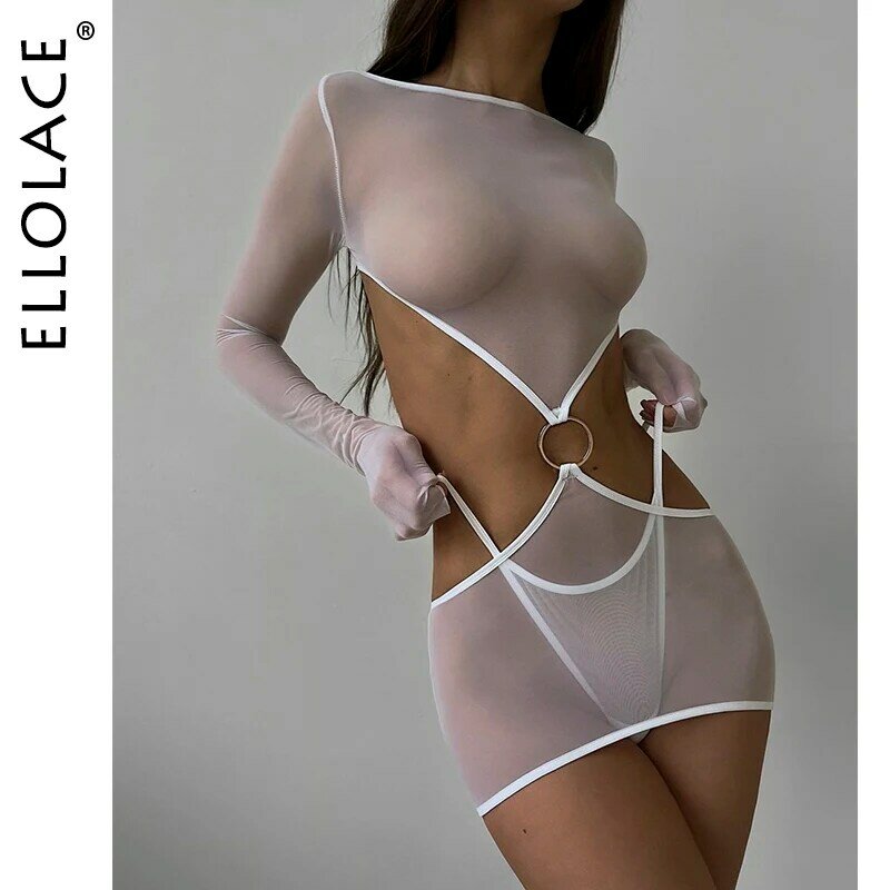 Ellolace Sensual Lingerie Transparent Babydoll Sheer Mesh Cutout Waist Dress Hot Porn Outfit Uncensored Tulle Erotic Costume