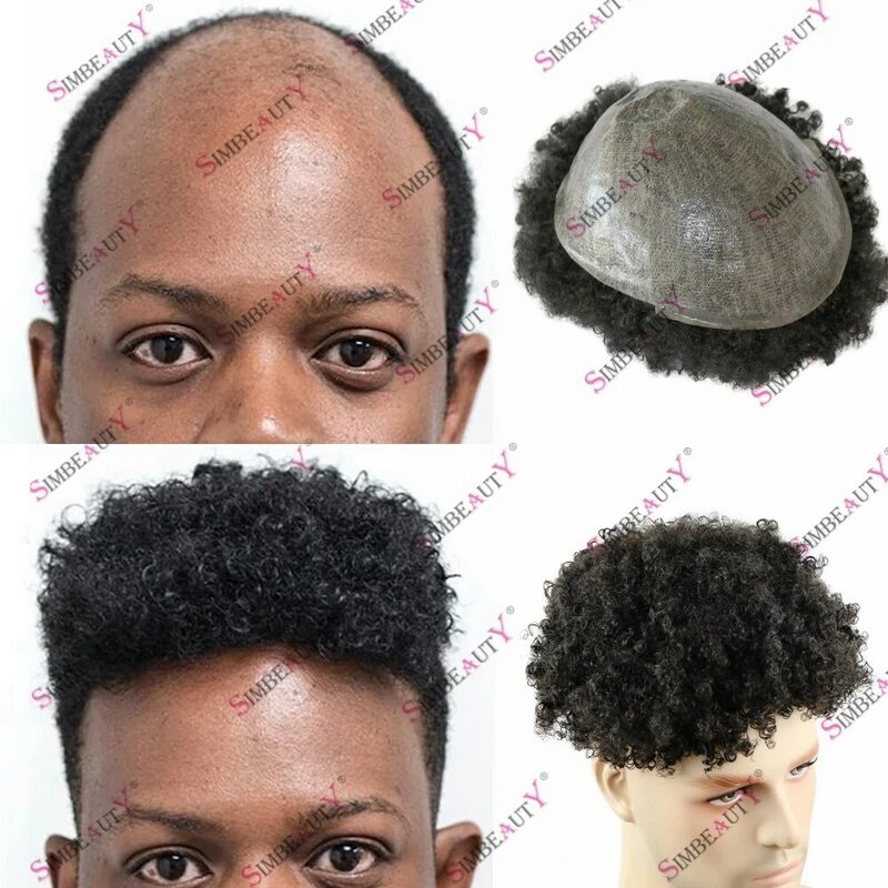 Africa-American Black Men's 100% Human Hair Poly Skin Toupee 8mm Kinky Curly Hair Replacement Capillary Prosthesis System