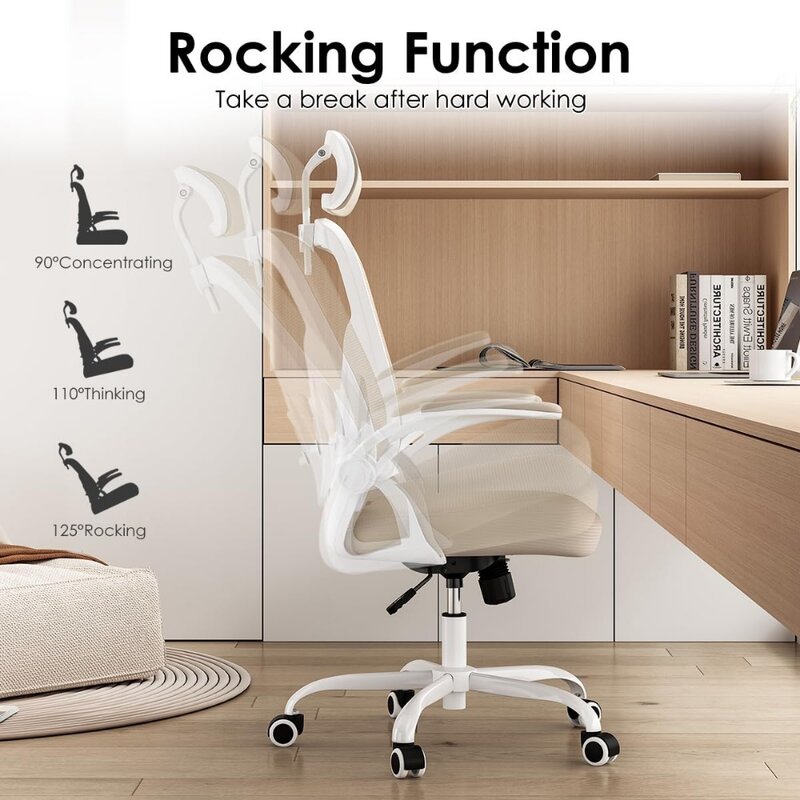 Kursi kantor ergonomis, kursi meja kantor rumah dengan sandaran kepala, kursi komputer punggung tinggi dengan sandaran tangan lipat dan dapat disesuaikan
