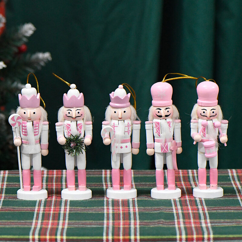1Pc 13CM White&Pink Wooden Nutcracker Puppet Soldier Pendant Vintage Crafts Ornament Christmas New Year Home Decoration