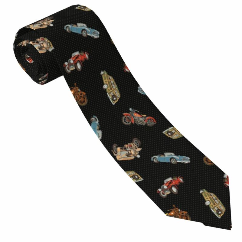 Corbata delgada para hombre, corbata delgada con patrón de coche antiguo y motocicleta, corbata de estilo libre a la moda para fiesta y boda