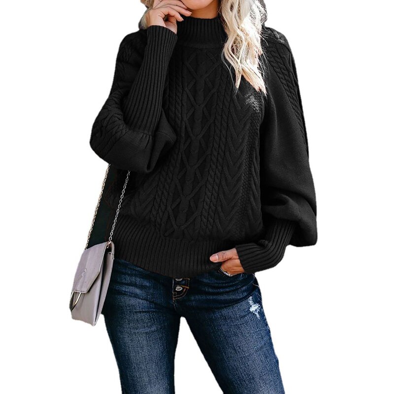 여성 루즈한 소매 니트 단색 스웨터, 미드 넥 스웨터, 레저 쇼핑, 2023 겨울 신상