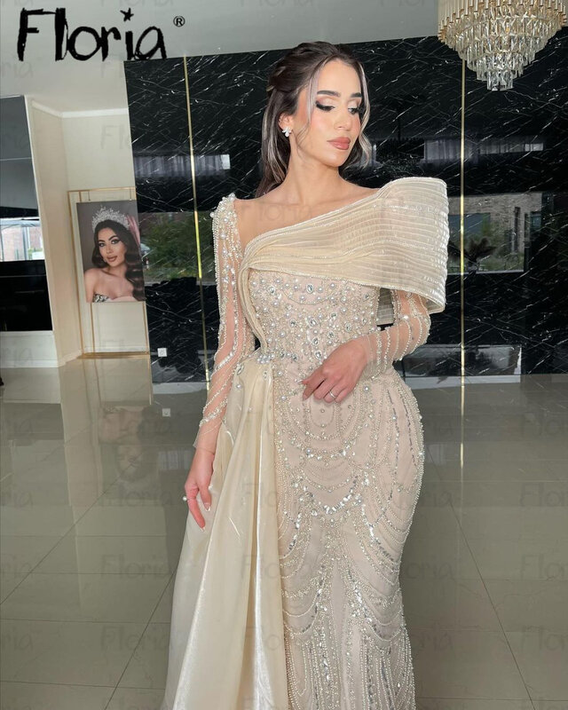 Champagne Pearls Off Shoulder Side Train Wedding Party Gowns Arbaic Luxury Full Beaded Formal Prom Gowns for Women Custom Made