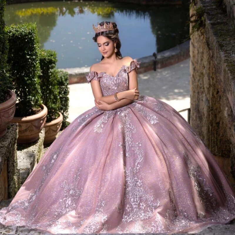 Elegante Off The Shoulder Quinceanrra Prom Jurken Klassieke Kanten Appliques Prinses Lange Roze Glitter Sweet 16 Jurk Vestido