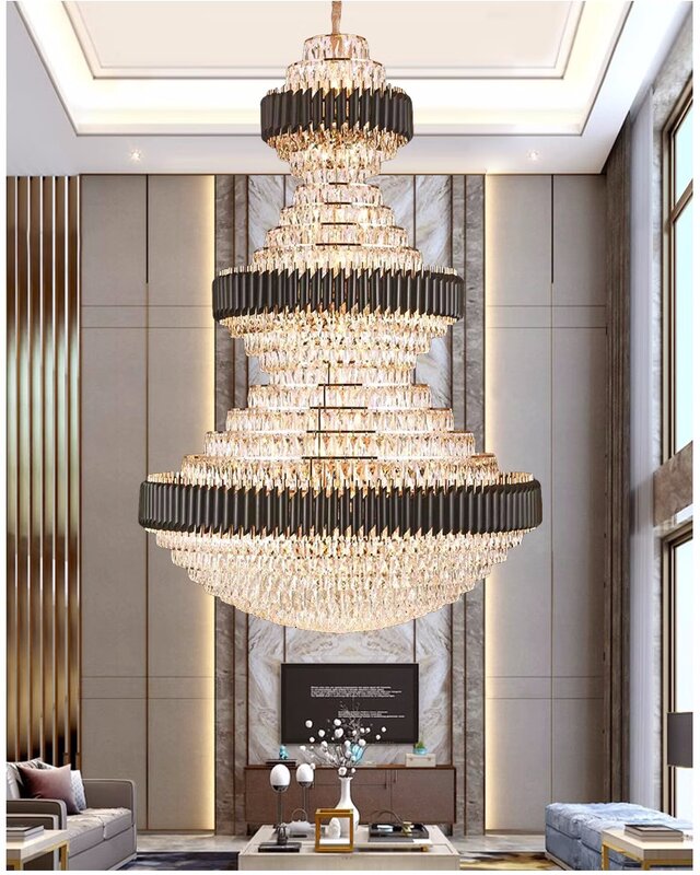 Top Luxe Kristallen Trap Kroonluchter Verlichting Villa Lobby Hotel Grote Decoratie Hanglampen Zwart Roestvrij Staal Glans