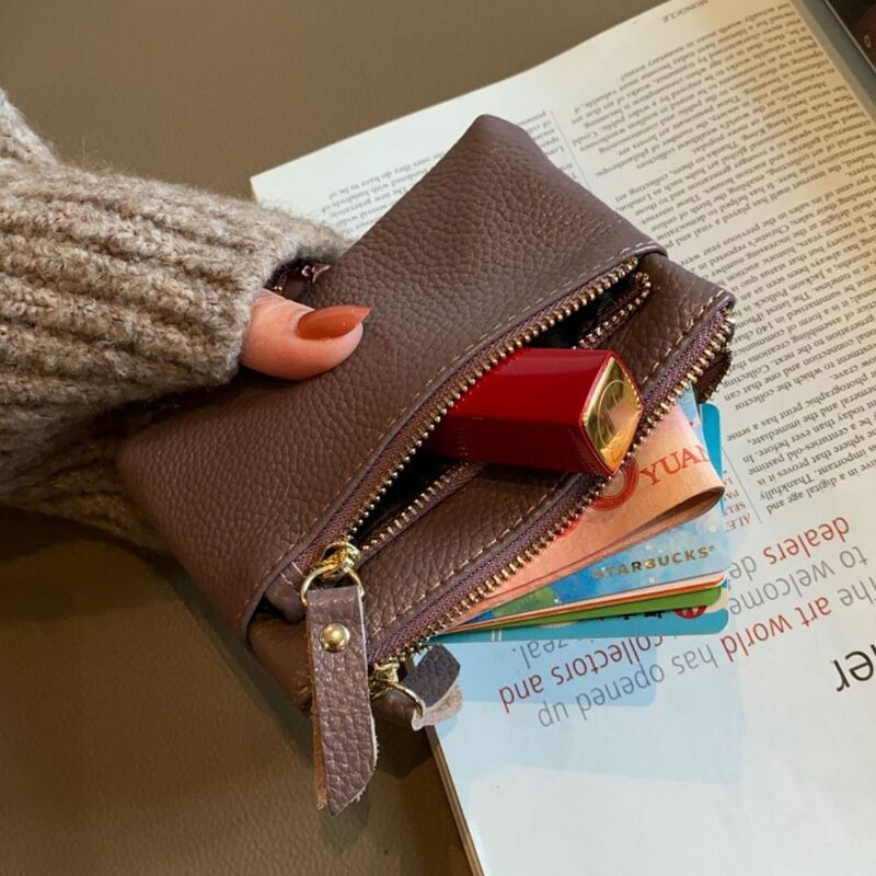 Dompet koin kulit asli portabel, tas kartu asli ritsleting tempat kartu