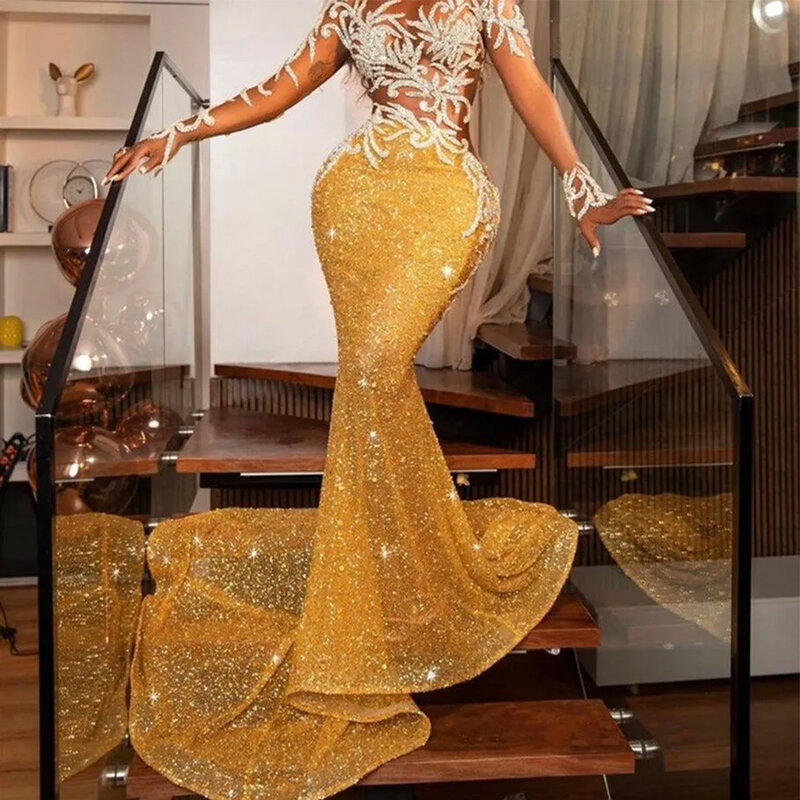 Sirena affascinanti abiti da sera romantici scintillanti Applique squisita Sexy scollo a v profondo maniche lunghe abiti formali da ballo 2024
