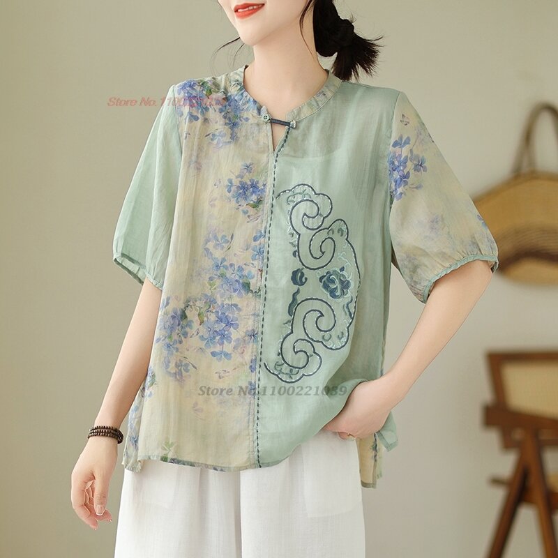 2024 Traditionele Chinese Vintage Blouse Nationale Bloemenprint Borduurwerk Folk O-hals Blouse Oosterse Streetwear Etnische Blouse