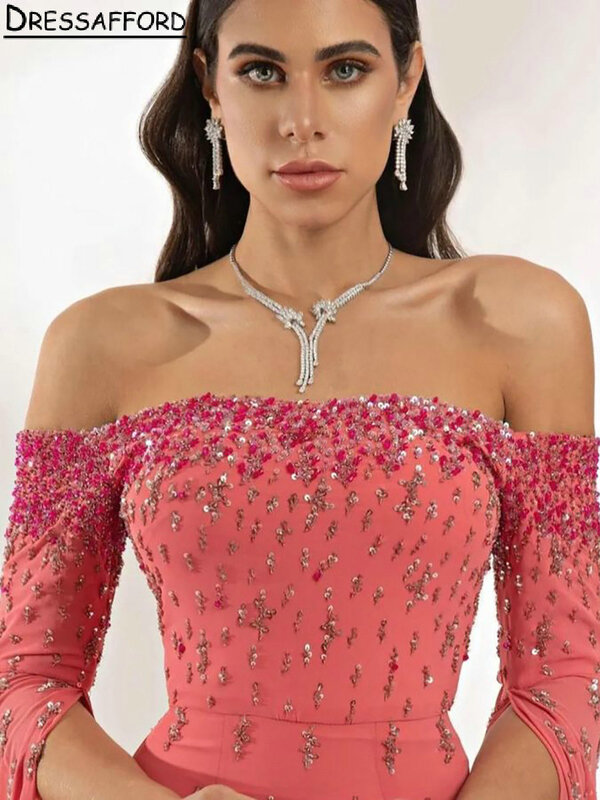 Watermelon Red Half Sleeve Sequined Beading Dubai Evening Dress Mermaid Off The Shoulder Ribbons Saudi Arabic Formal Party Gown