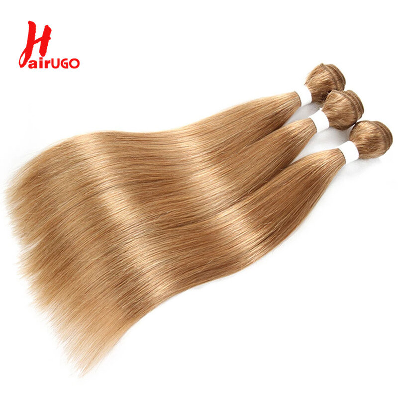 HairUGo-Extensions de cheveux humains blond miel, tissage de cheveux Remy pré-colorés, faisceaux droits brésiliens, #27