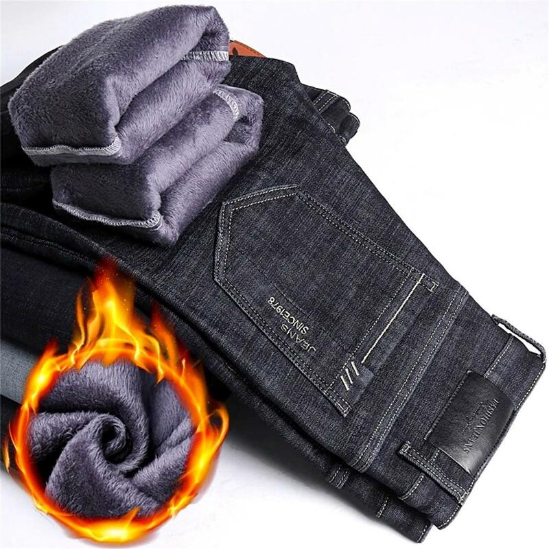 Men's Classic Fleece Warm Jeans Autumn Winter Thicken Velvet Slim Fit Business Fashion Casual Loose Stretch Cotton Denim Pants