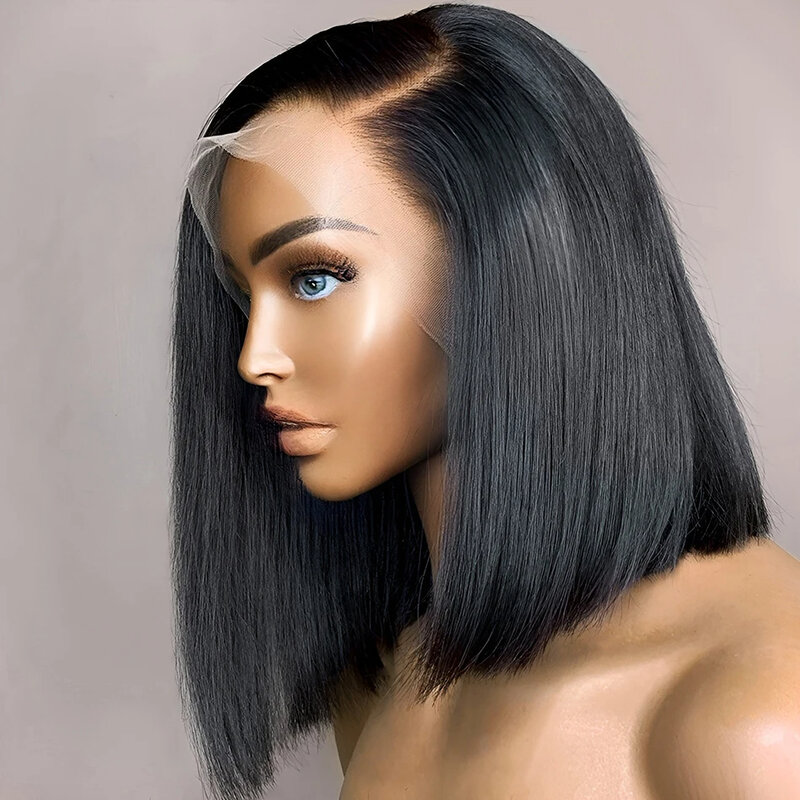 Peluca de cabello humano liso de 13x4 para mujer, postizo corto y transparente con encaje frontal, corte Bob, pelo Remy brasileño predespuntado, 4x4