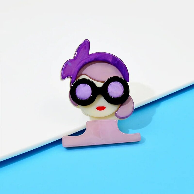 여성 피규어 안경 착용 소녀 캐릭터 브로치, 패션 의류 액세서리