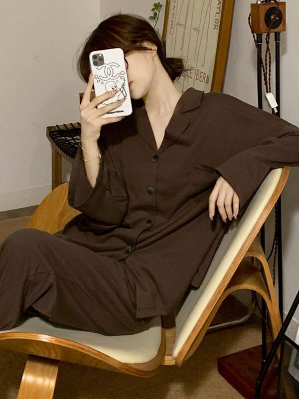 Conjuntos de pijama minimalistas soltos femininos, lounge wear, gola virada para baixo, estilo coreano, puro, design retrô, aconchegante, clássicos, outono, senhoras