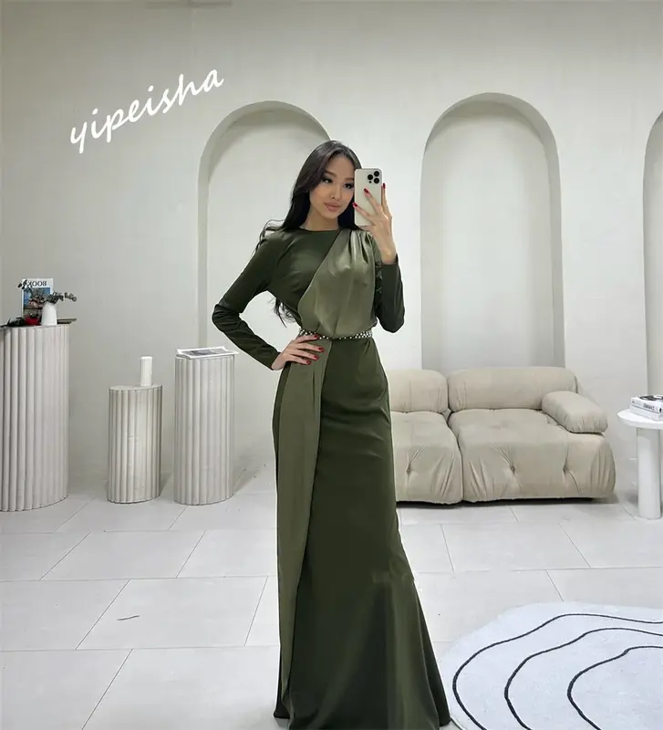 Yipeisha High Quality Jewel Sheath Floor Length Evening Dresses Vertically Rhinestone Satin Customized