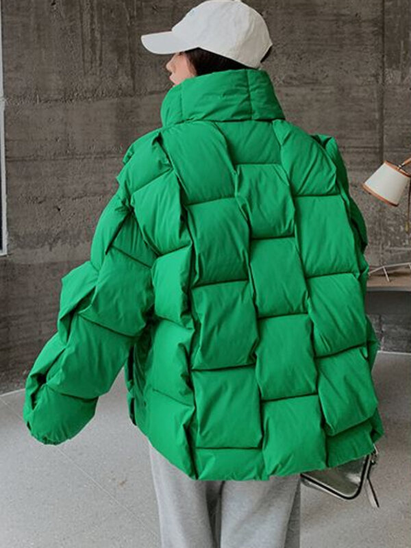Winterjas Voor Dames Driedimensionale Geruite Geweven Mode Jas Solide High Street Warm En Dik 2023 Winter Nieuwe Donsjack