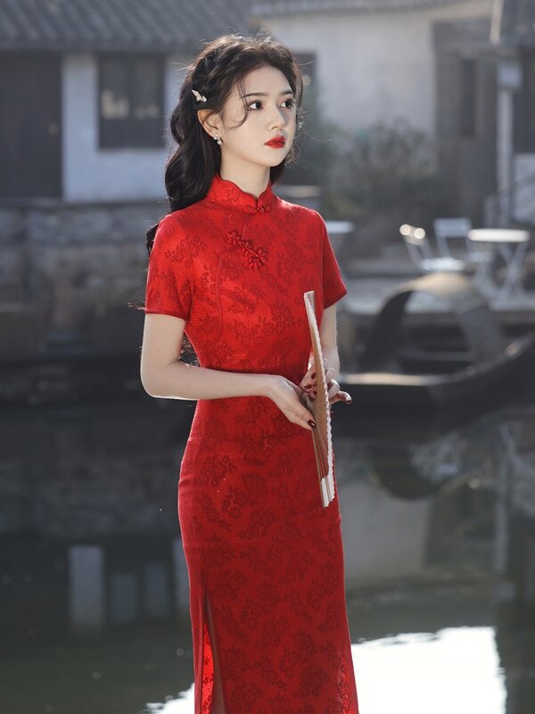 레이스 치파오 중간 길이 진주 가장자리 소녀, 중국 슬림 만다린 칼라 치파오, 용수철 여름 신상