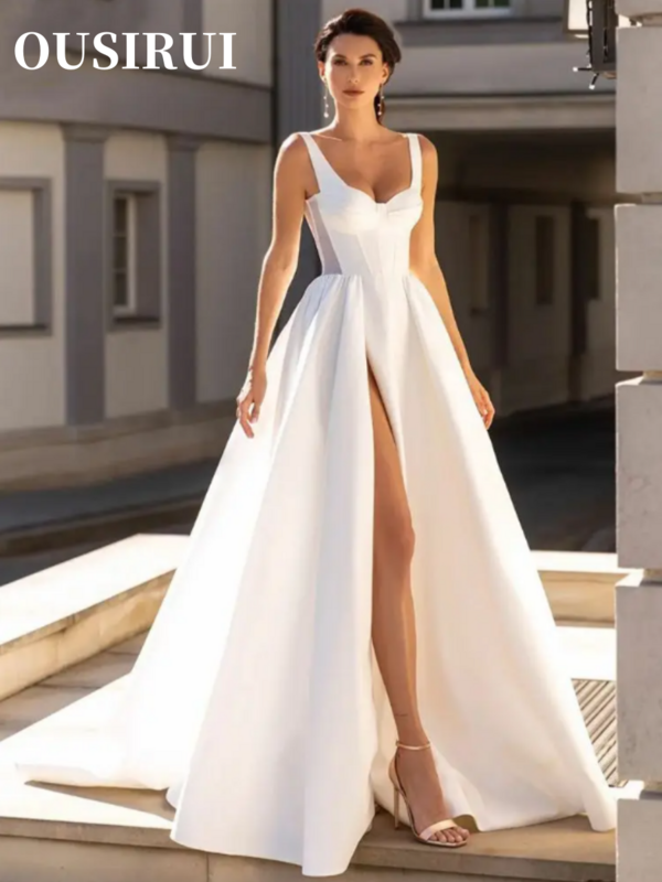 Outirui abito da sposa a-line per donna alto moderno collo quadrato spalline spacco senza maniche in raso Vestido De Novia