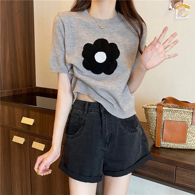 Floral Pullovers Women Summer Girls Simple Versatile Leisure Korean Fashion O-neck Baggy Sweet Cute Prevalent Trendy Lazy Style