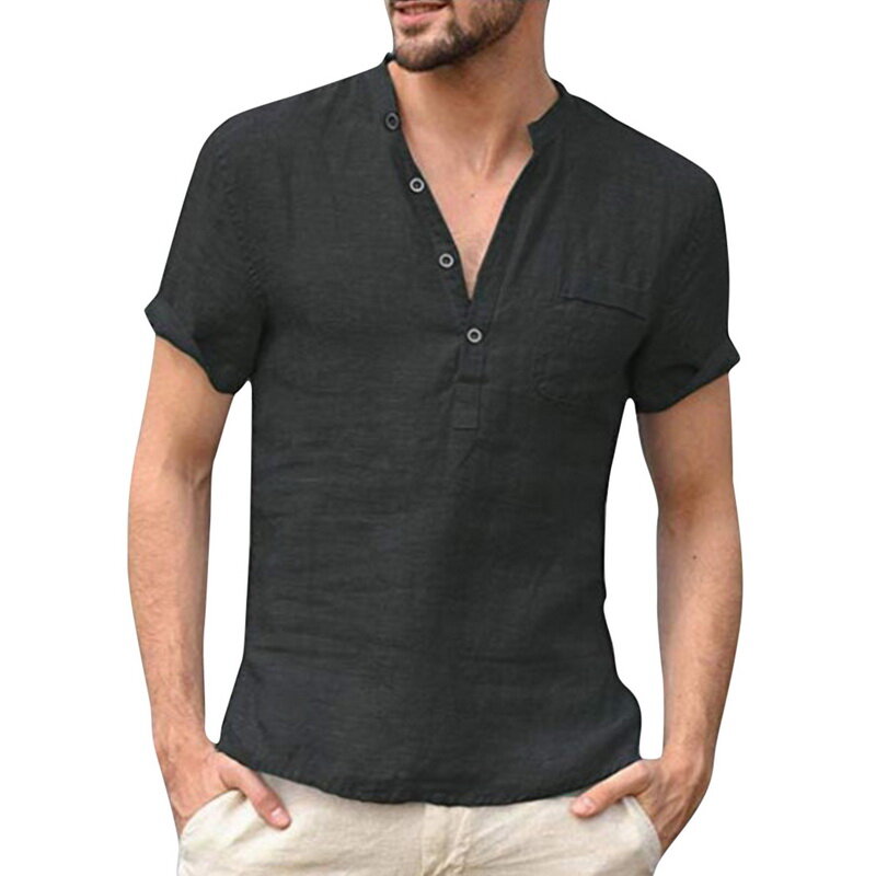 Camiseta de lino con cuello en V para hombre, camisa informal de manga larga de algodón, Color sólido, alta calidad, novedad