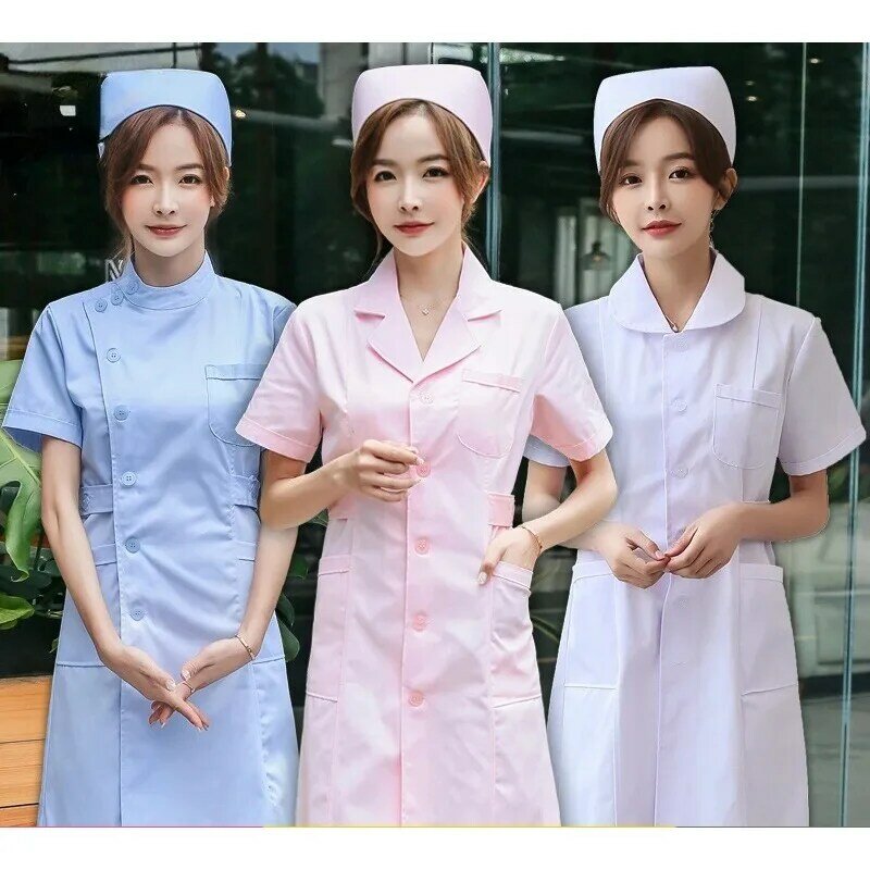 여성 간호사 유니폼 드레스, 반팔 의료 병원 간호사 스크럽 랩 코트, 원피스 여성 작업복, 여름
