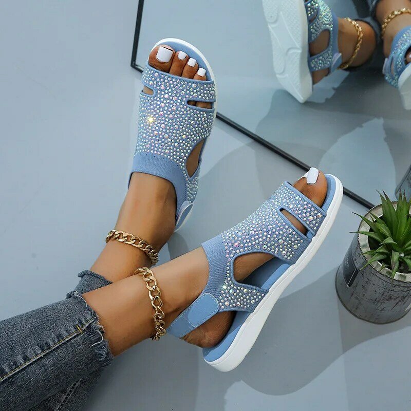 Summer Mesh Women's Shoes 2024 New Hot Diamond Breathable Solid Color Water Diamond Beach Lightweight Large Women's Sandals