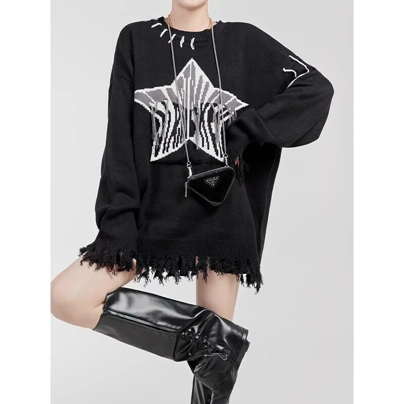 YUQI Gothic Harajuku Punk Sweater Women Pullover Y2k Goth Tassel Hole Star Embroidery Knitted Top 2023 Autumn Long Sleeve Jumper