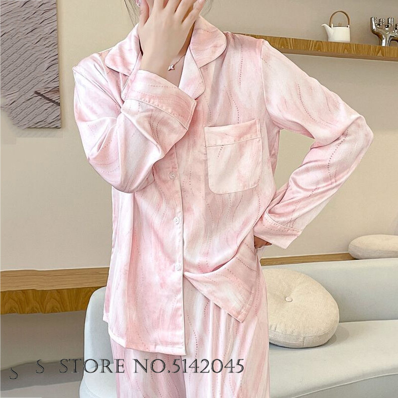 Spring Summer Silky Satin Pajamas 2PCS Shirt&Pant Pink Print Sleepwear for Women Trouser Suit Sexy Loose Home Clothes Loungewear