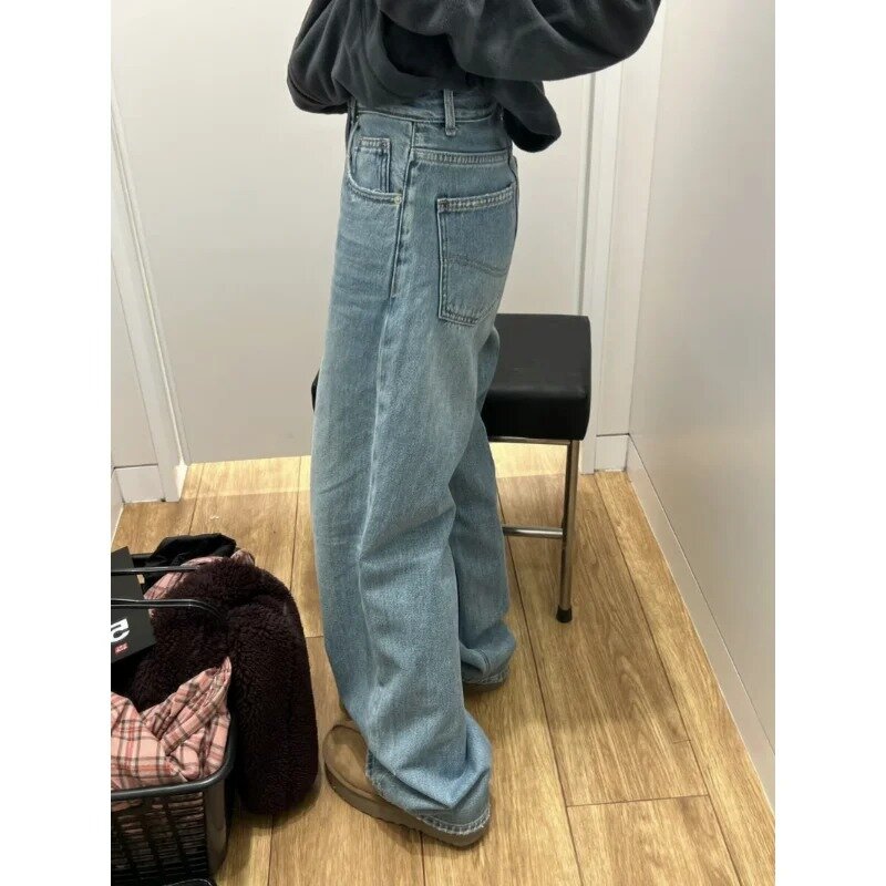 Calças jeans retas e largas clássicas femininas, jeans de cintura alta feminino, casual e streetwear básico, moda coreana