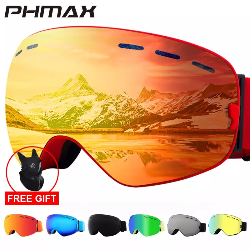 PHMAX-Óculos de esqui antinevoeiro para homens e mulheres, óculos de snowboard, óculos de neve ao ar livre UV400, lente de dupla camadas, esqui, inverno