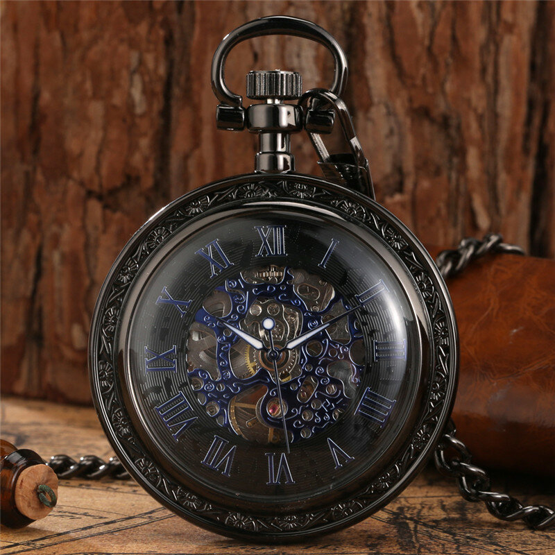 Jam tangan pria Steampunk, jam tangan saku mekanis otomatis Retro dengan rantai Fob, jam tangan angka Romawi Reloj De Bolsillo