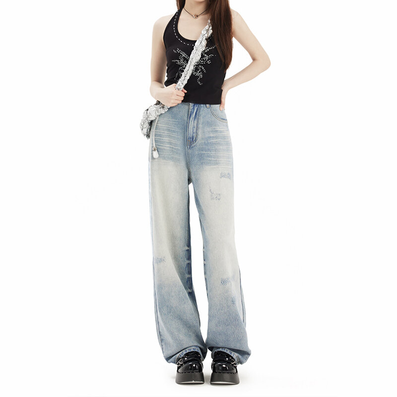 Женские мешковатые джинсы в стиле Харадзюку Y2K, уличная одежда с высокой талией, прямые брюки, женские винтажные джинсовые брюки с широкими штанинами