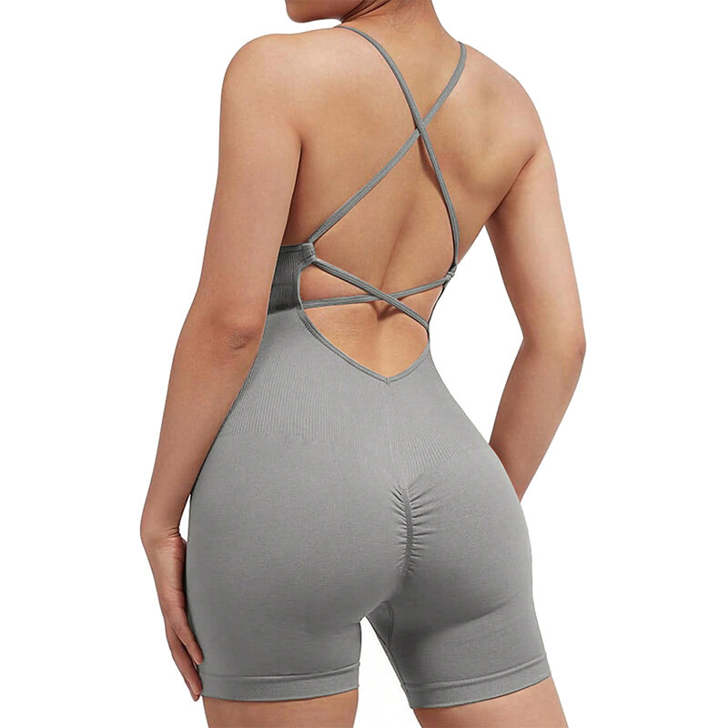 Women Strappy Romper Seamless Jumpsuit Tummy Control Padded One Piece Sports Bra Ribbed Quick-drying Fitness Tops