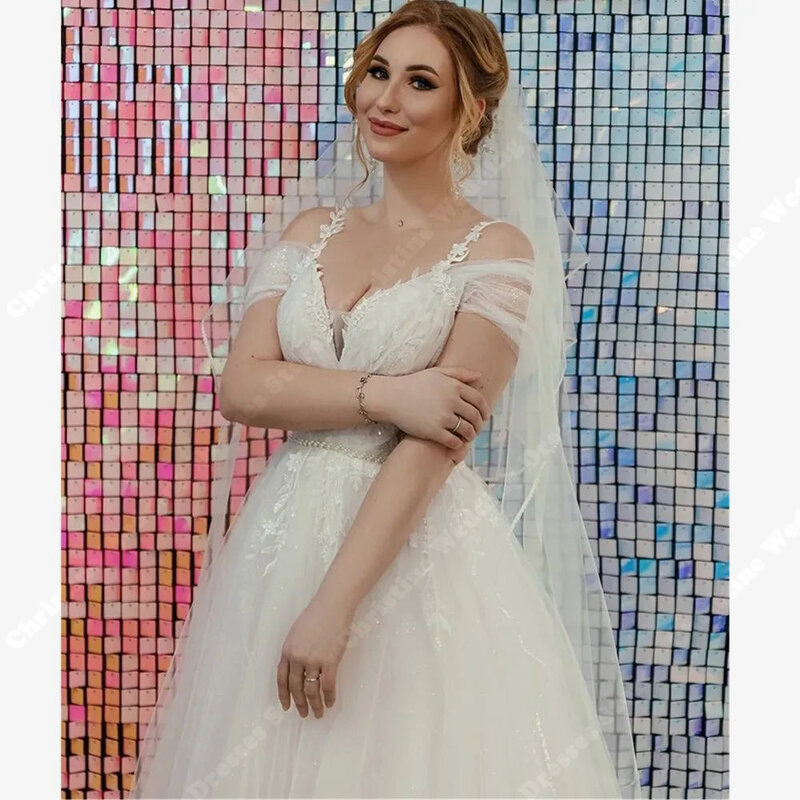 Женское фатиновое свадебное платье с кружевной аппликацией, однотонное платье невесты без рукавов с V-образным вырезом и вышивкой, свадебные платья