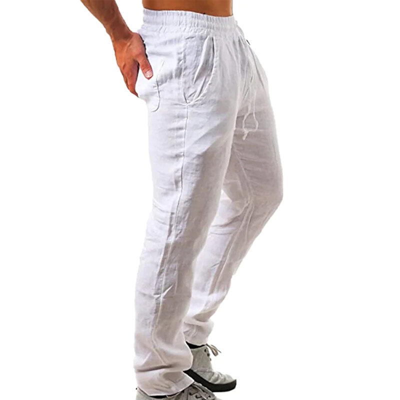 Calça masculina branca de algodão, respirável de cor sólida de linho, estilo fino, moda fitness masculina de streetwear, nova primavera