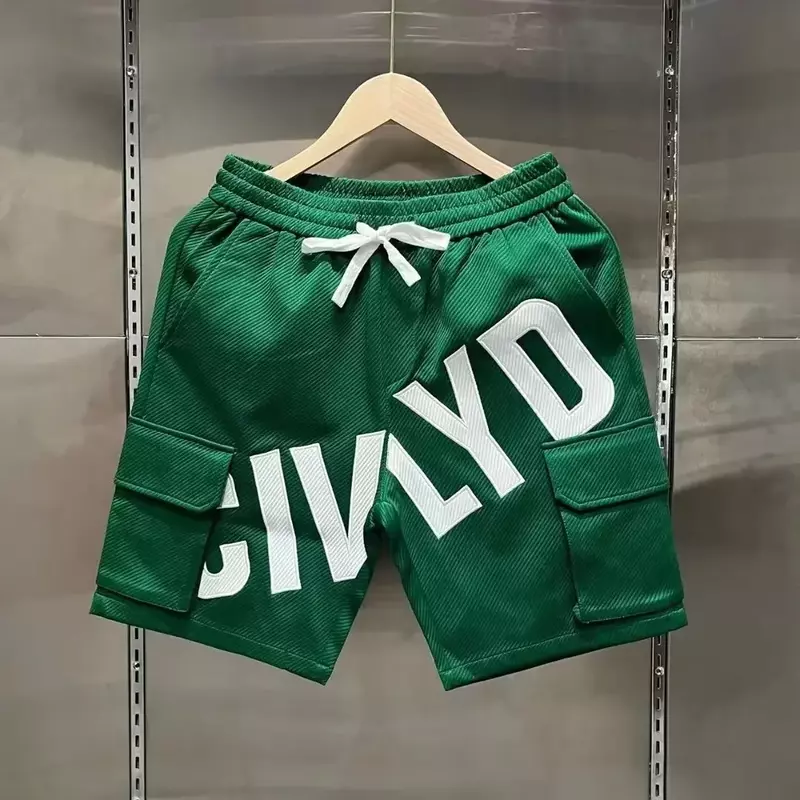 Pantalones cortos informales de sarga verde para hombre, ropa deportiva Coreana de alta calidad con letras bordadas, verano, 2023