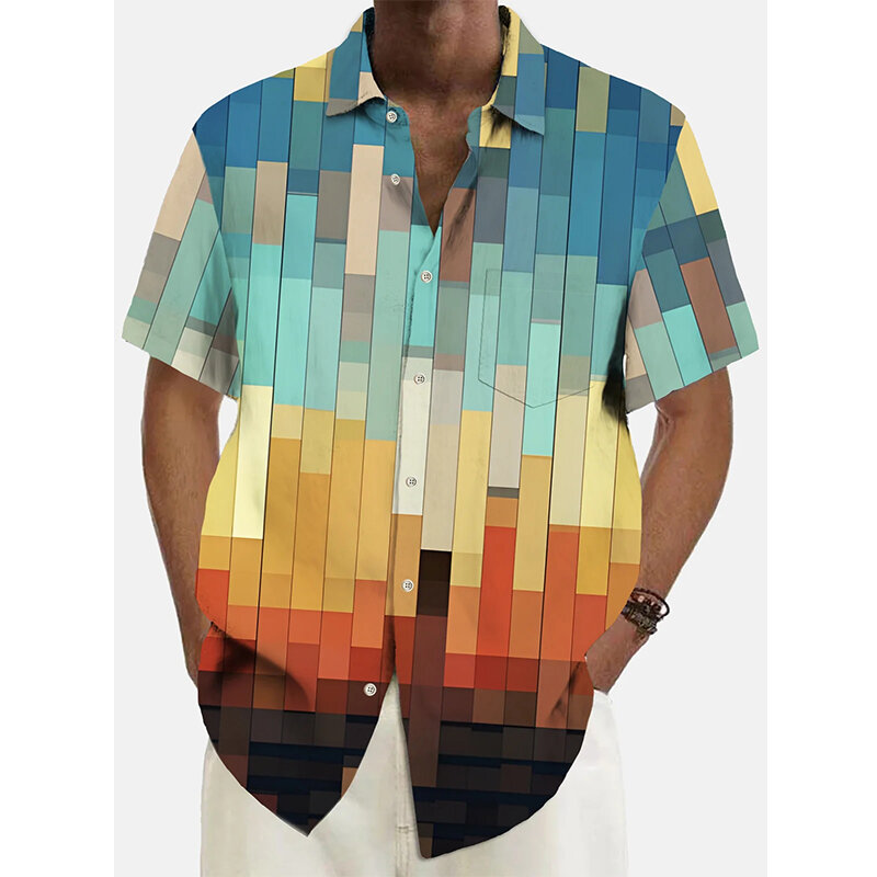 남성용 격자 무늬 3D 프린트 셔츠, 오버사이즈 여름 2024 여행, 하와이 해변 하라주쿠 버튼, 디자이너 의류