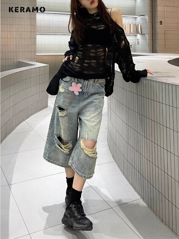 2024 Spring Vintage Harajuku Y2K Loose Shorts Hollow Out Blue Jeans Women's Wide Leg Trashy Style Baggy Ripped Denim Trouser