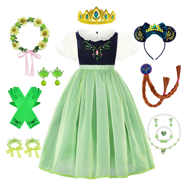 Princess Party Green Dress Girl Anna Cosplay Costume Kids Summer Clothes Halloween Birthday Carnival Ball Gown