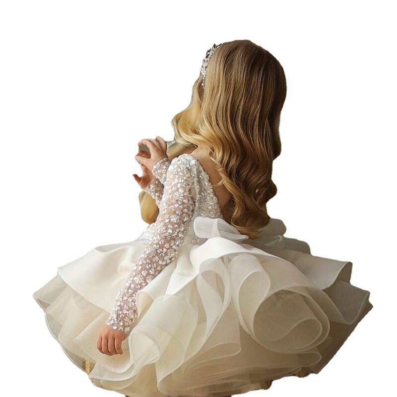 小さな女の子のためのきらめくドレス、長袖、子供の誕生日の衣装、子供のためのフォーマルなカクテルペガントドレス、フラワーガールドレス