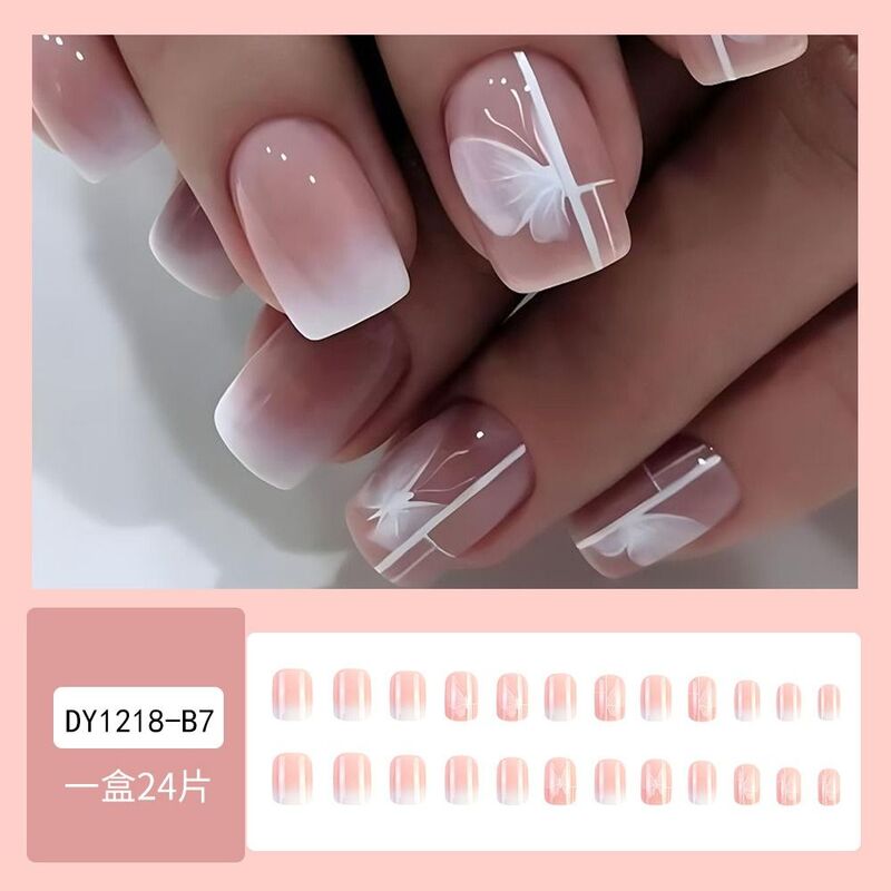 24pcs/box Short Square False Nails French Gradient White Butterfly Fake Nails Full Cover Press on Nails Full Cover Nail Tips
