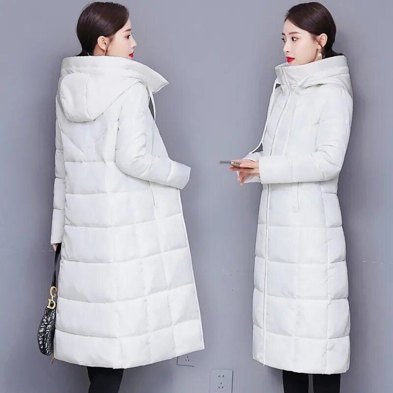Oversize 5xl śnieżne wiatroszczelne długie parki z kapturem zimowe eleganckie kurtki z solidnym z koreańskiej bawełny ciepła watowana płaszcze