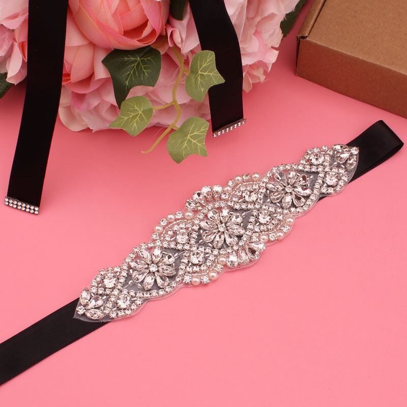 Silver Crystal Rhinestone Wedding Belt, frisado, artesanal, elegante, luxuoso, dama de honra