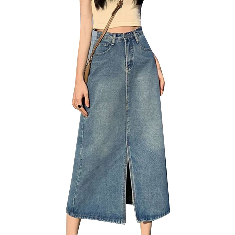 Split Denim Frauen lange Röcke Sommer hoch taillierter Jeans rock neuer Sommer A-Linie Rock mit gewickeltem Gesäß Rock birnenförmig