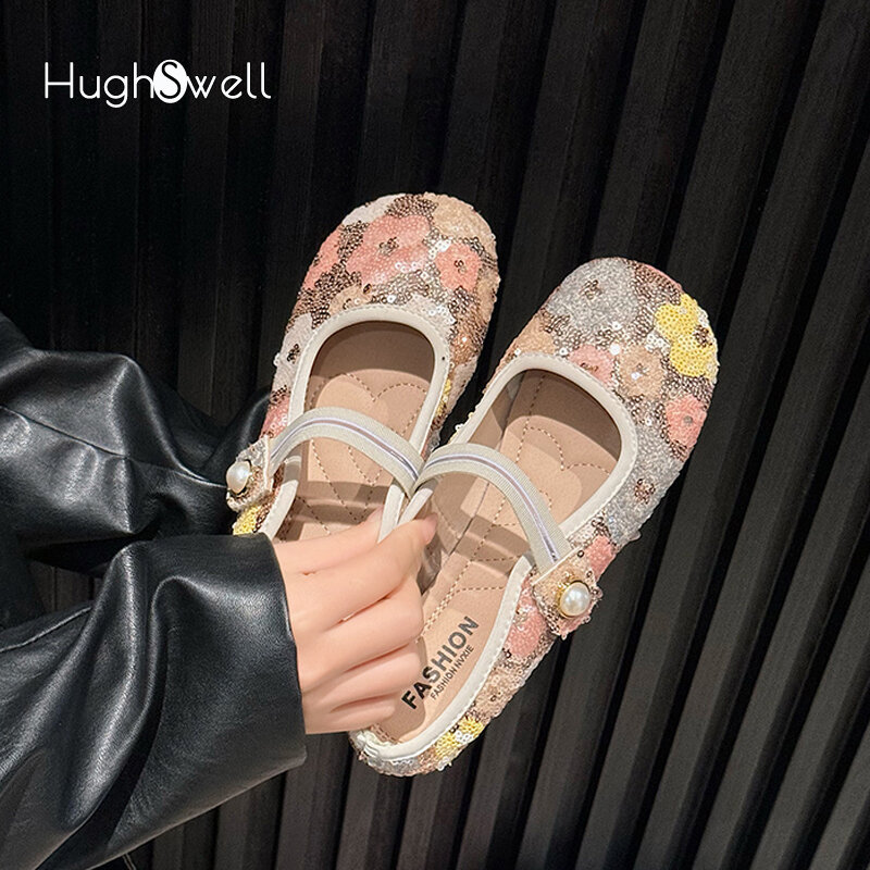 Zapatillas de Ballet con diseño de lentejuelas y flores para mujer, zapatos planos con punta redonda informales, elegantes y brillantes, talla grande