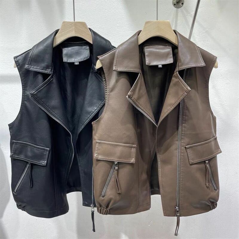 여성용 PU 가죽 조끼 재킷, 패션 라펠 민소매, 루즈 캐주얼 블랙 재킷, 2023 가을 신상