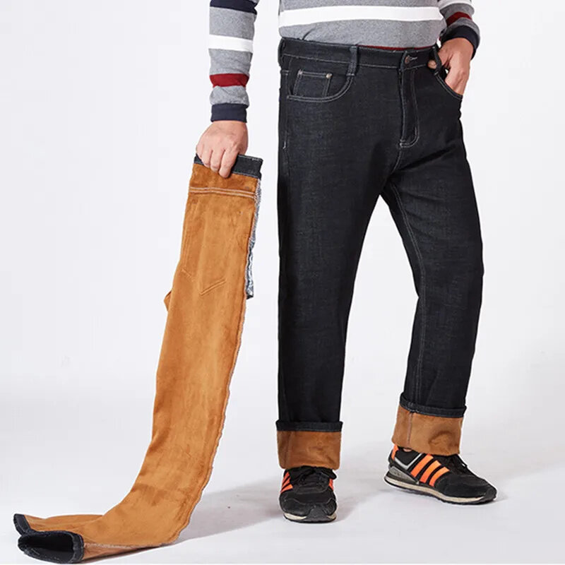 Calças jeans de cintura alta elásticas masculinas, calças de lã, jean grossa, quentes, pretas, plus size 42, 46, 48, 50, 52, 150kg, inverno