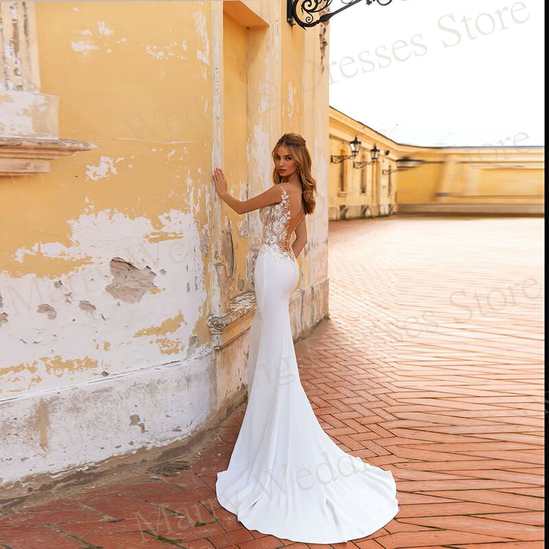 Boho Sexy Mermaid Beautiful Wedding Dresses Lace Appliques Backless Sleeveless V Neck Satin Bride Gowns With Detachable Train