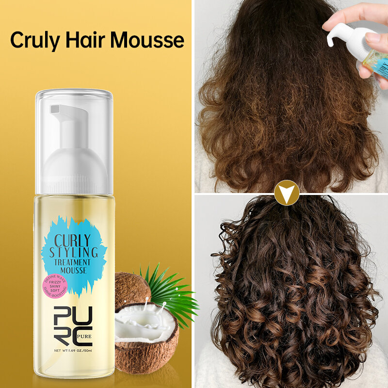 PURC-productos para el cabello rizado, cuidado de Mousse, aceite de coco, alisado, Control de Frizz, rizado mejorado, pelucas onduladas, crema de peinado, espuma de Mousse