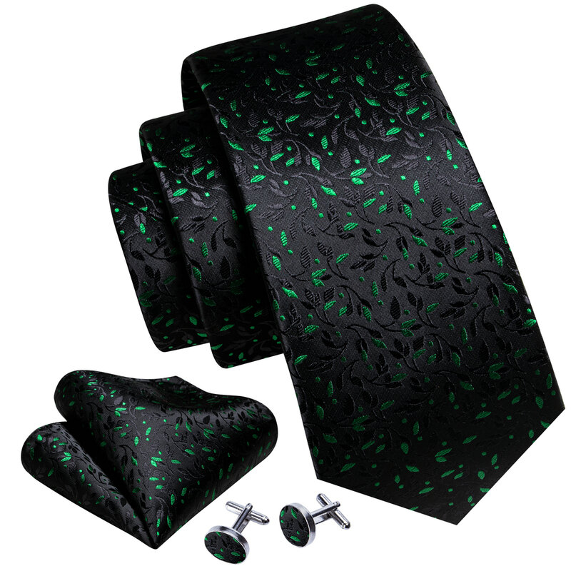 Barry Wang Men's Luxury Silk Ties Set, Preto Verde Folhas Floral Neck Tie, Abotoaduras Lenço, Casamento, Frete Grátis, 5938